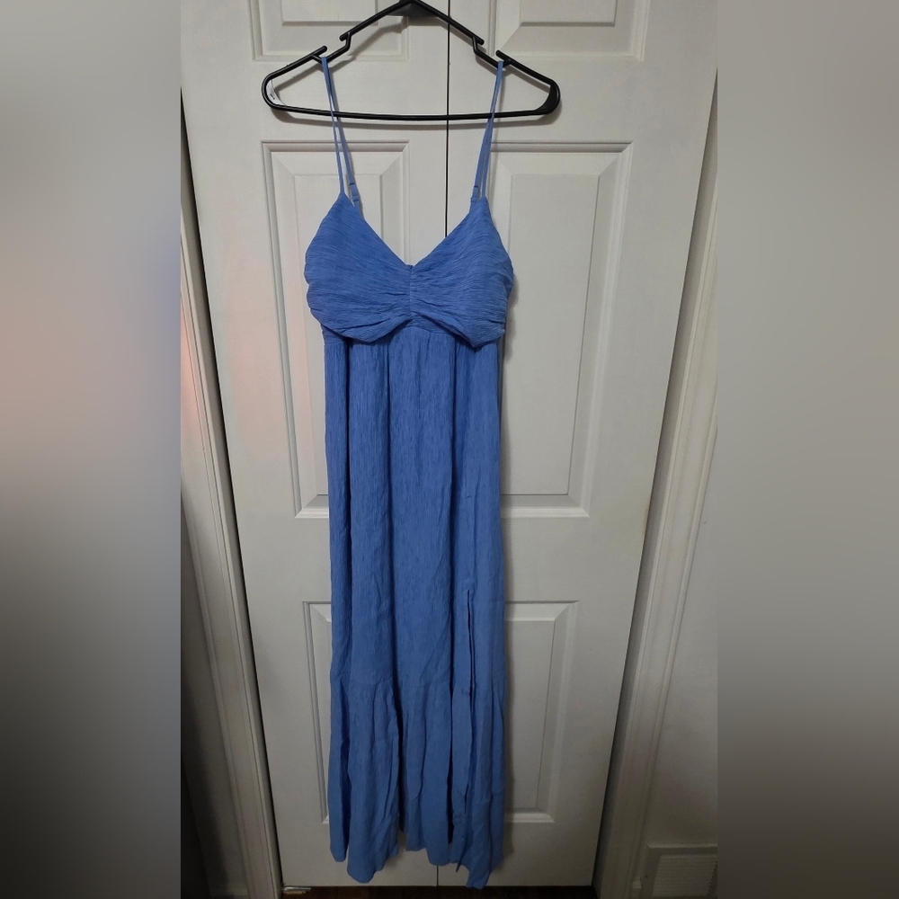 Abercrombie And Fitch Crinkle Textured Ruched Maxi Dress Medium Tall NWT Blue